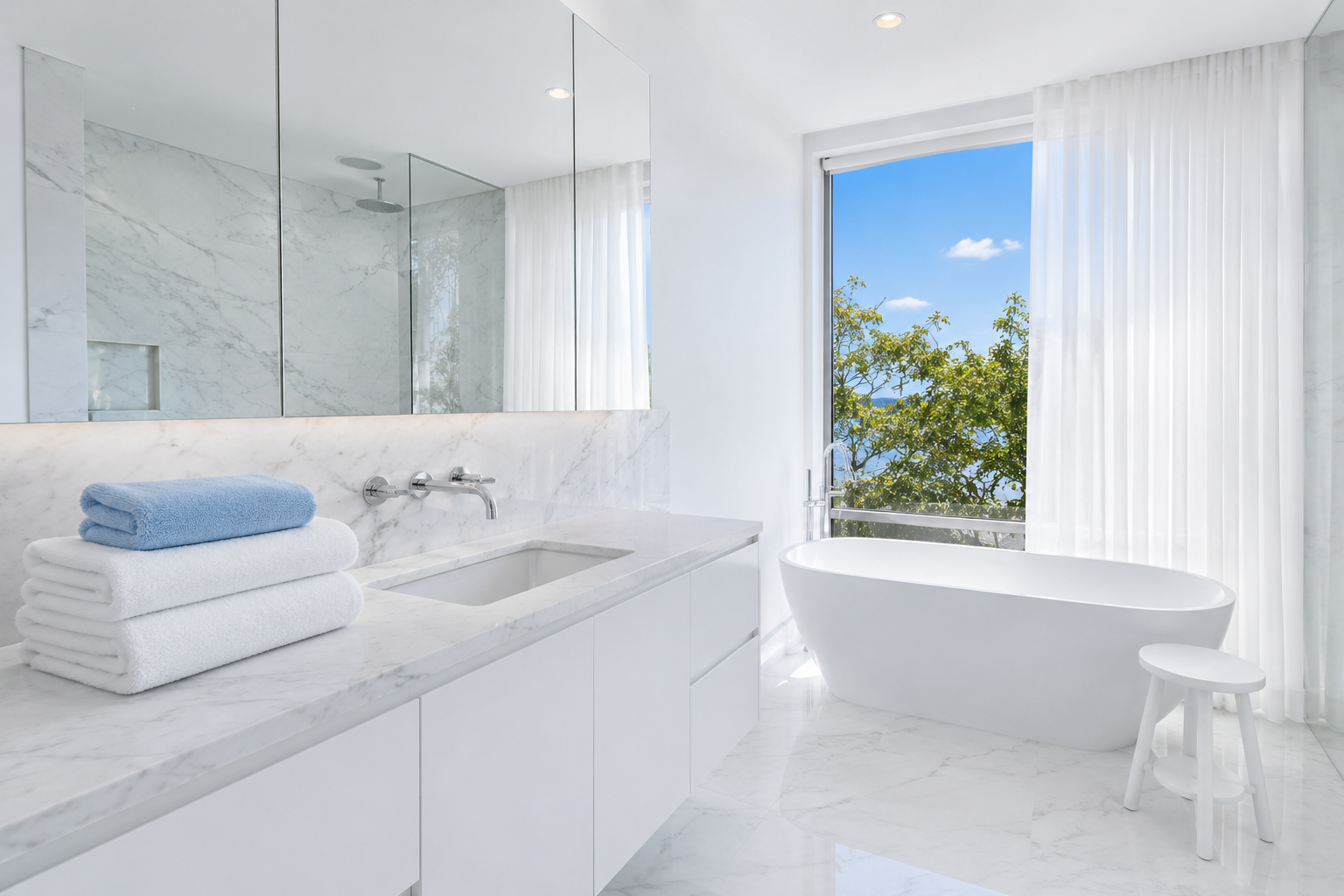 A freshly cleaned bathroom with a freestanding bath